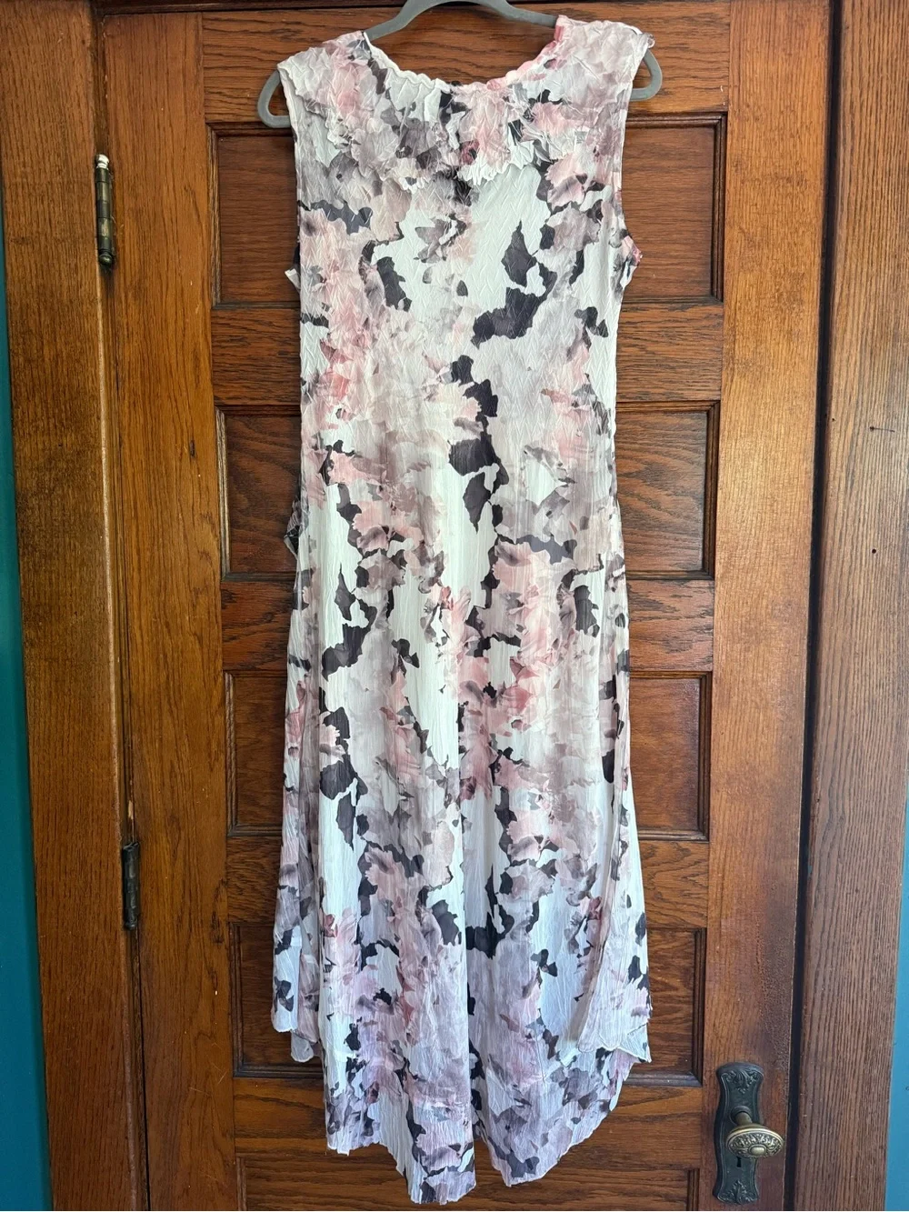 KOMAROV Ruffle High Low Hem Sleeveless Crinkle Fabric V Neck Midi Dress L - Picture 6 of 11